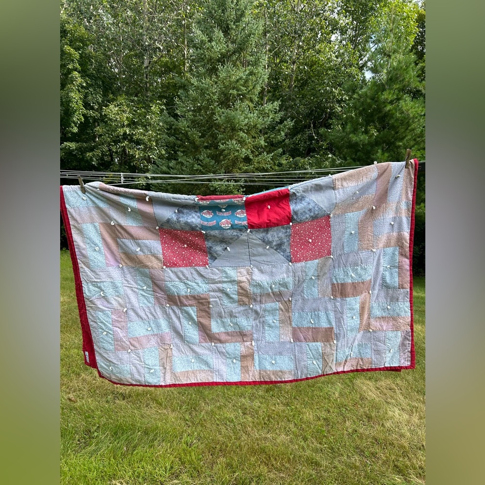 Patchwork Quilt with Red and Gray Accents